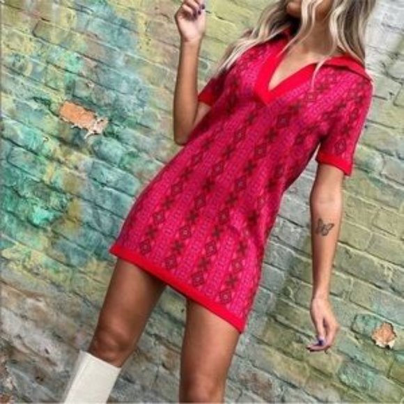 Free People Kitt Mini Sweater Dress Collar Short Sleeve Wool Blend Red - Picture 4 of 13